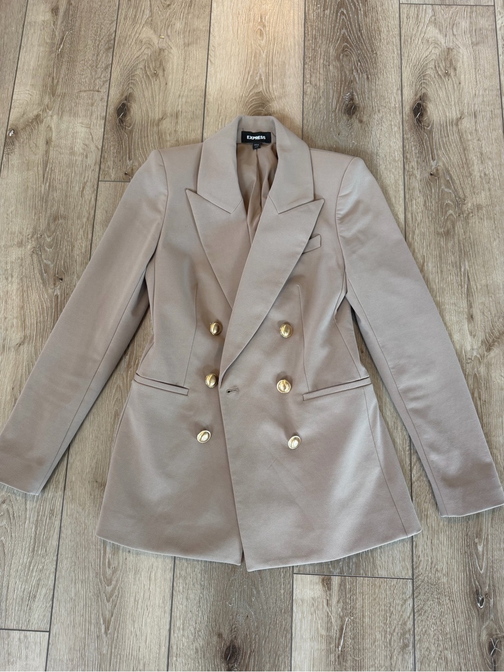 Express Double-Breasted Taupe Blazer with Gold Buttons + Shoulder Pads XXS